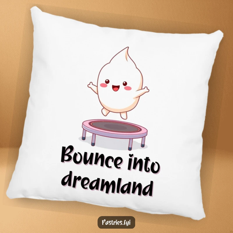 Funny kawaii meringue character bouncing excitedly on a small trampoline, a soft and humorous pillow.