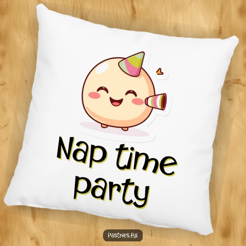 Funny Pillow featuring a giggling macaroon character with a wide grin, blowing a tiny party horn.