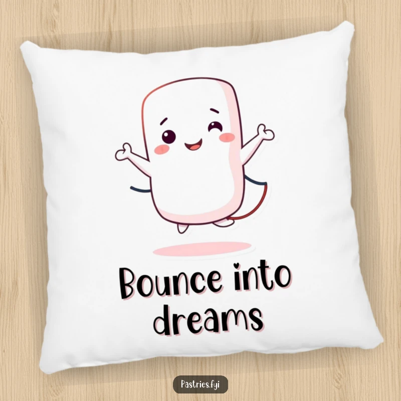Funny Pillow adorned with a cheerful marshmallow character playfully jumping rope, offering soft comfort and humor.
