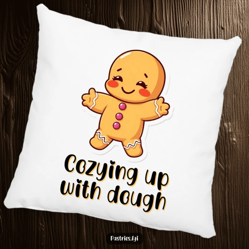 Funny pillow showcasing a chubby gingerbread man character in a silly stretch, offering plush comfort and humor.