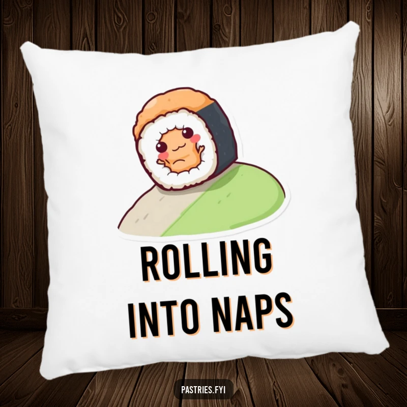 Funny sushi roll character experiencing a delightful downhill roll, depicted on a soft and plush pillow for ultimate comfort.