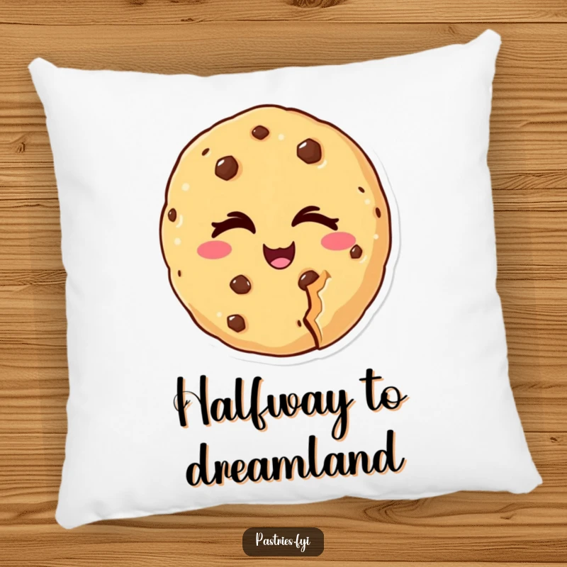 Funny pillow showcasing a cheeky cookie character winking with a bite missing, adding a touch of humor and coziness to any room.