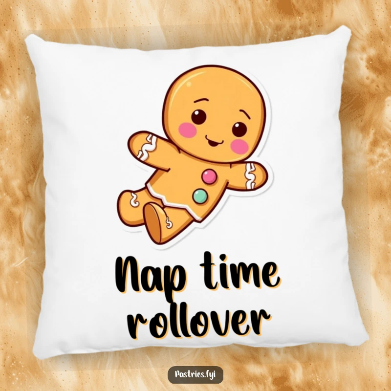 Funny pillow featuring a gingerbread man character with frosting buttons, tumbling forward in a soft, festive, and humorous design.