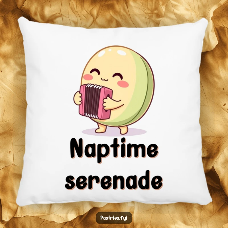 Funny Pillow designed with a round macaron character enthusiastically playing a tiny accordion, offering plush comfort and a whimsical musical touch.