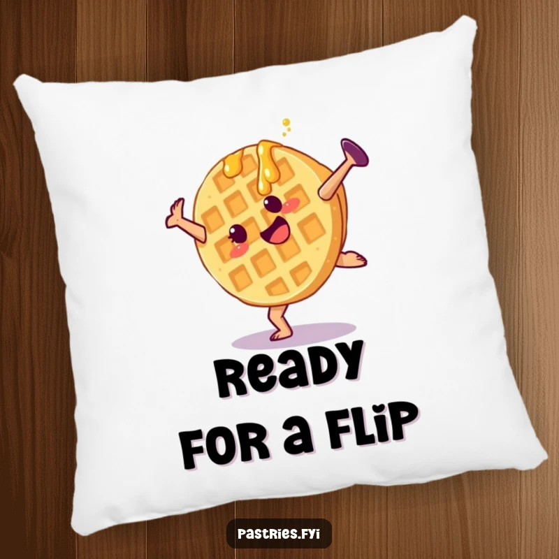Funny waffle pillow with a cartwheeling character and syrup, offering cozy comfort and breakfast-themed humor.