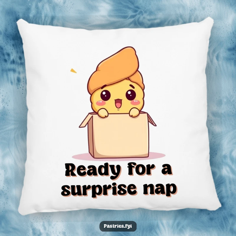 Funny pillow showcasing a surprised croissant character comically popping out of a box, adding a touch of humor and comfort to any room.