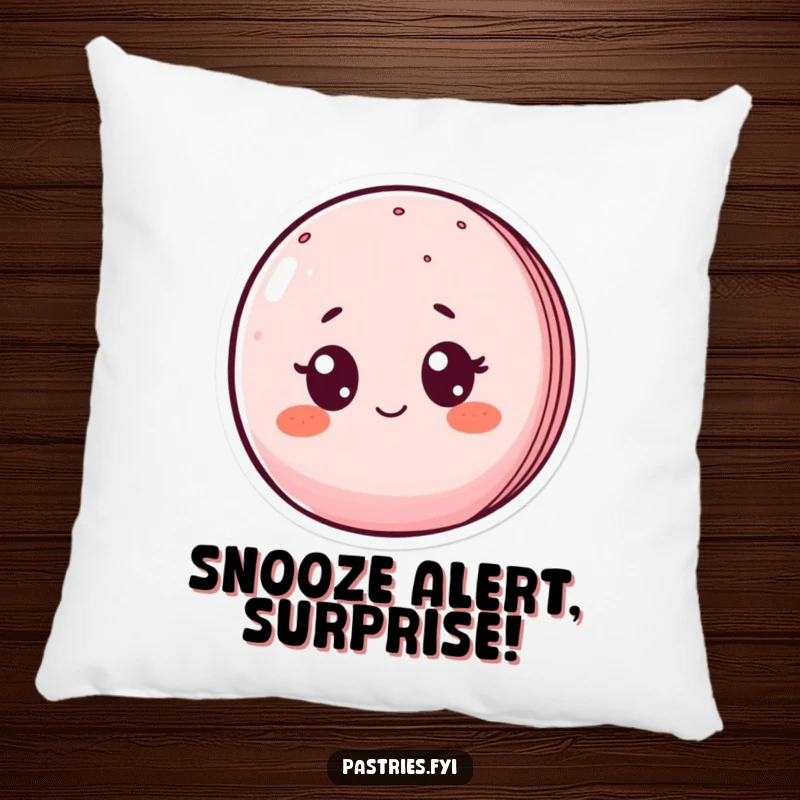 Funny pillow showcasing a blushing macaron character with wide, surprised eyes, offering comfort and a humorous decorative touch.