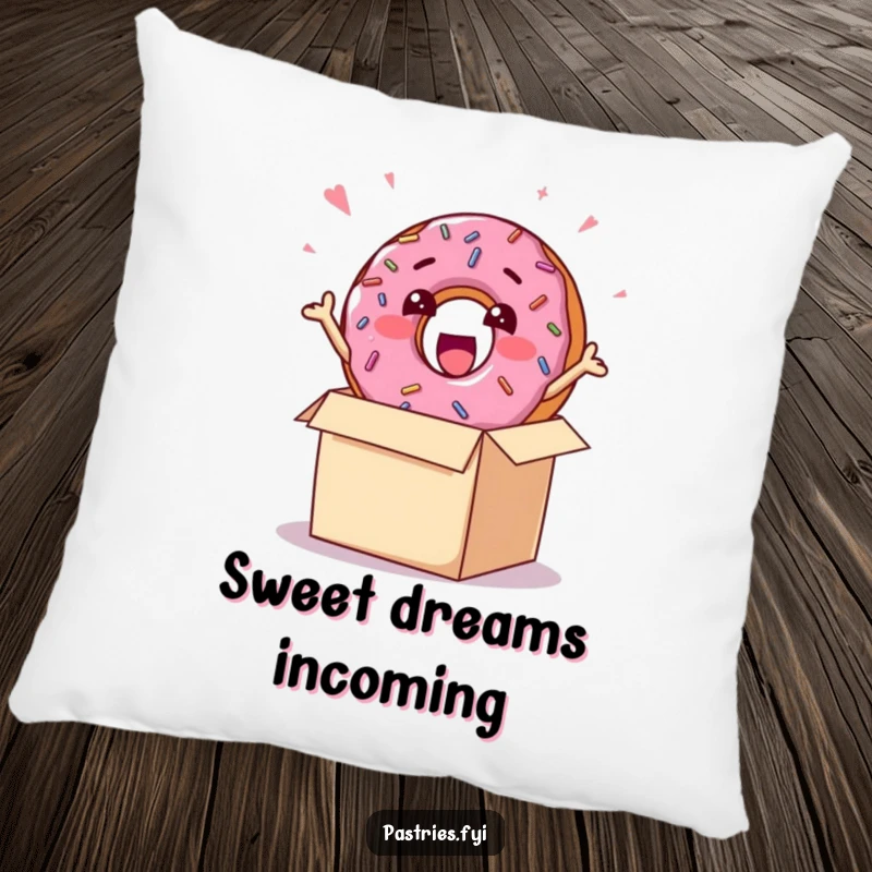 Funny pillow featuring a cheerful donut character with sprinkles, bursting excitedly out of a box, perfect for cozying up.