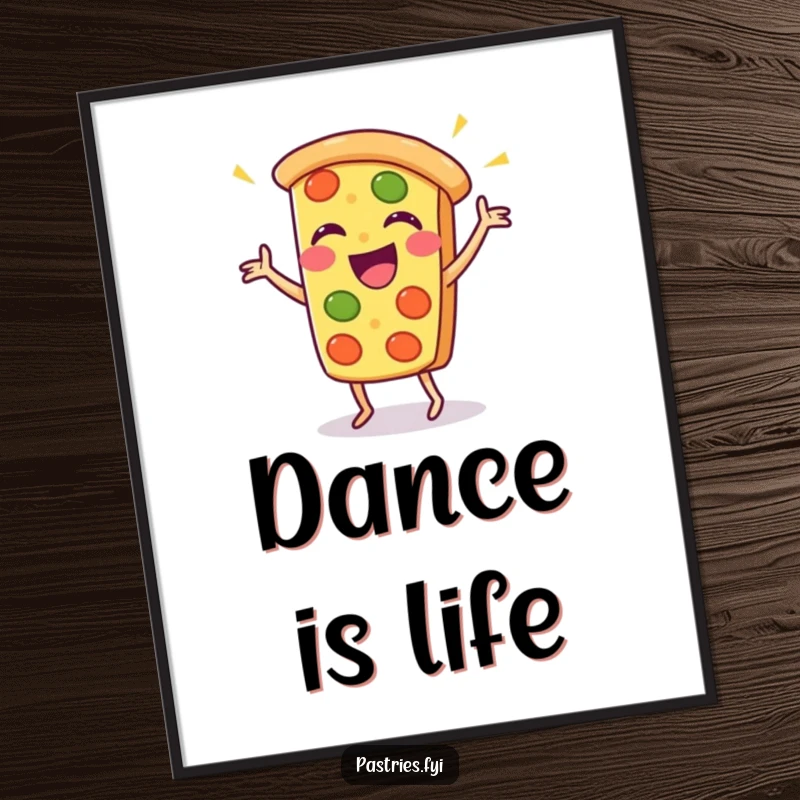 Funny pizza slice digital art print with a dancing Kawaii character, capturing pure comedic joy.