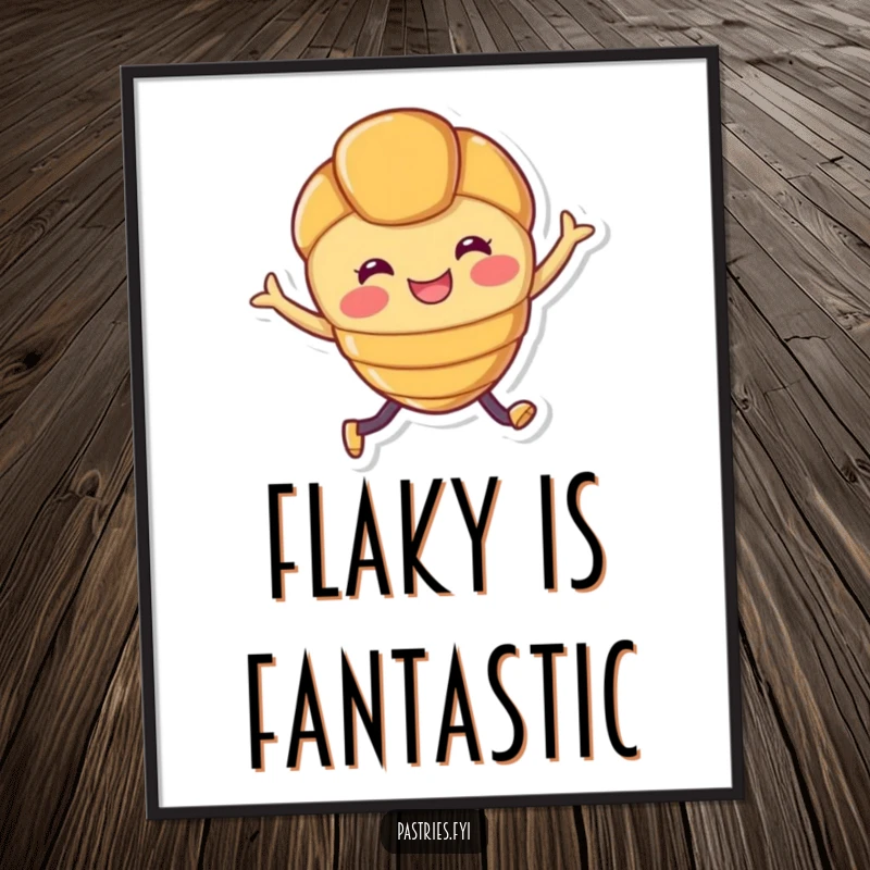 Funny digital art of a smiling croissant character with legs joyfully leaping, perfect for vibrant, cheerful decor.