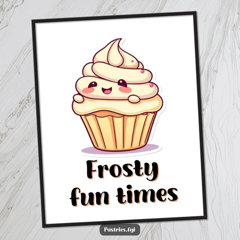 Funny digital art print of a giggling cupcake character sliding on frosting, creating instant sweet and humorous wall decor for any space.