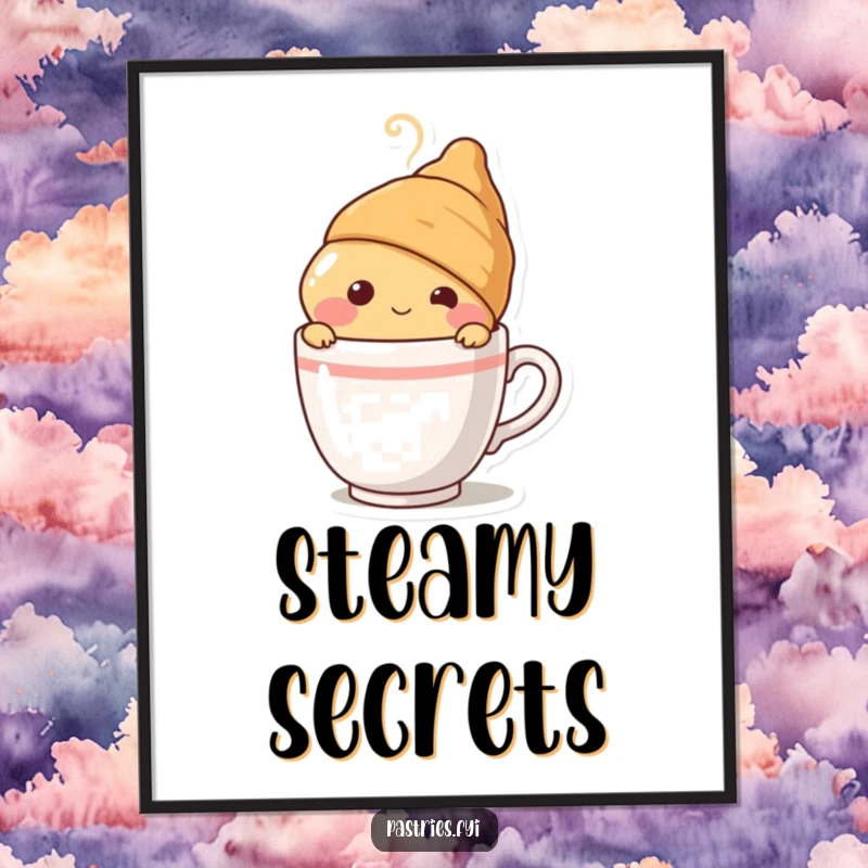 Funny blushing croissant character peeking from behind a steaming coffee cup, as a charming digital art print, perfect for instant, warm decor.