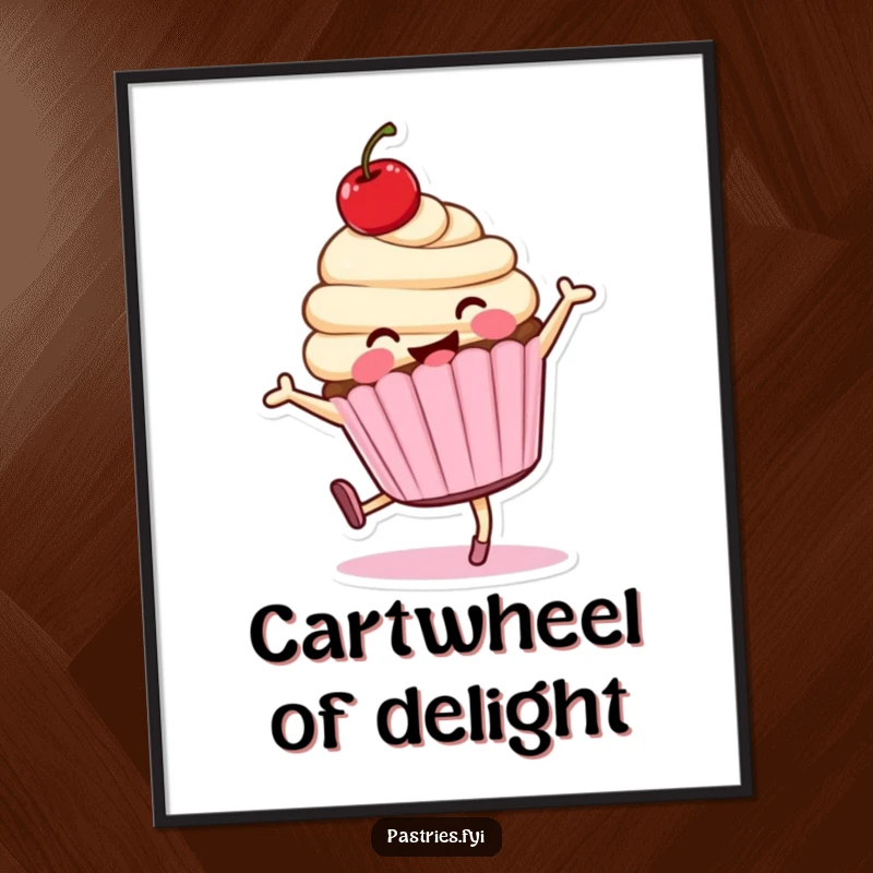 Funny cartwheeling cupcake character digital art print, smiling with a cherry, depicting energetic movement.