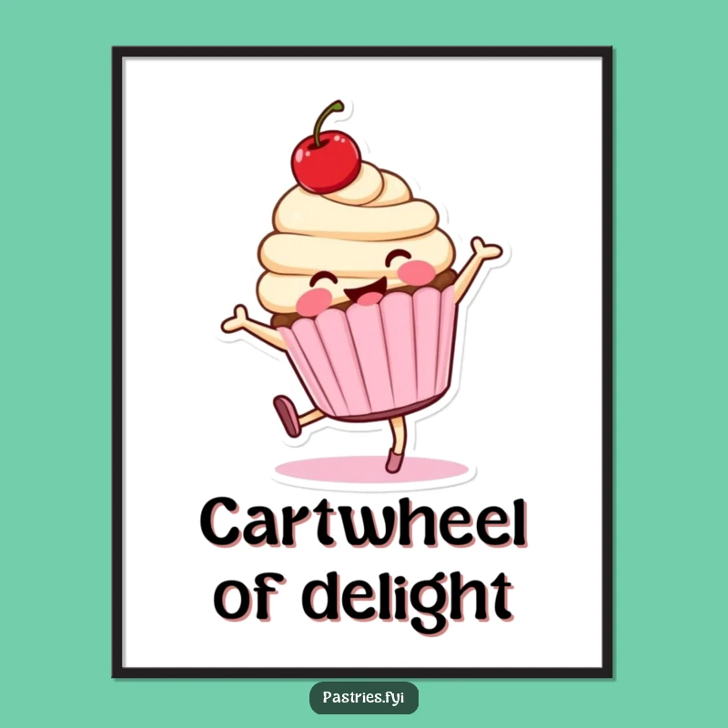 Funny Cartwheeling Cupcake Digital Art: Smiling Character Print for Energetic, Hilarious Decor