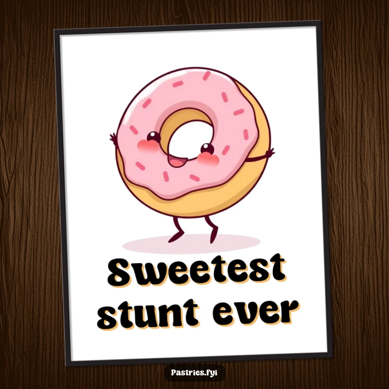 Funny Digital Art Print of a delighted donut with tiny legs performing a lively, happy cartwheel.