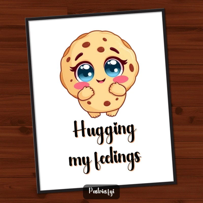 Funny cookie digital art print of a cookie character with large, adoring eyes giving a big hug, perfect for warm and comforting wall decor.