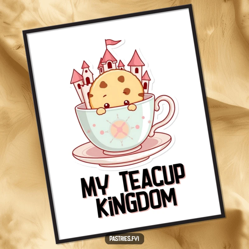 Funny Cookie Digital Art: A printable artwork of a curious cookie peeking from a giant teacup castle.