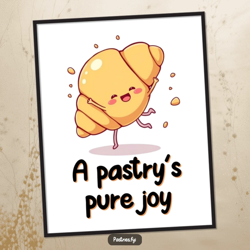 Funny croissant cartwheel digital art print of a croissant character doing a joyful cartwheel with flaky bits flying, perfect for humorous decor.