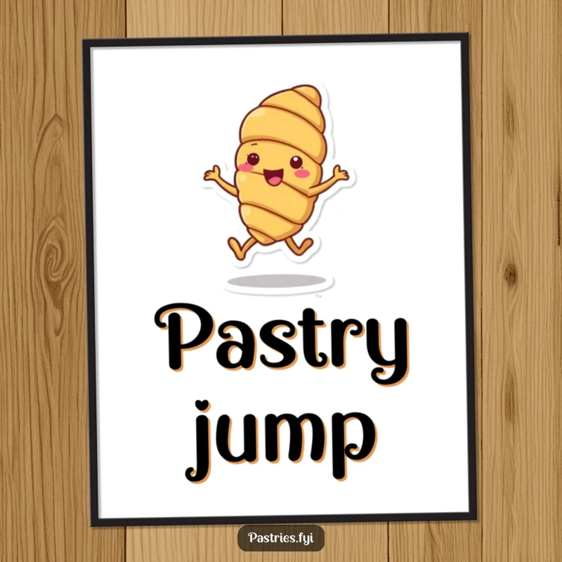 Funny digital art print of a cheerful croissant character doing a joyful little hop, capturing a moment of pure, bouncy happiness.
