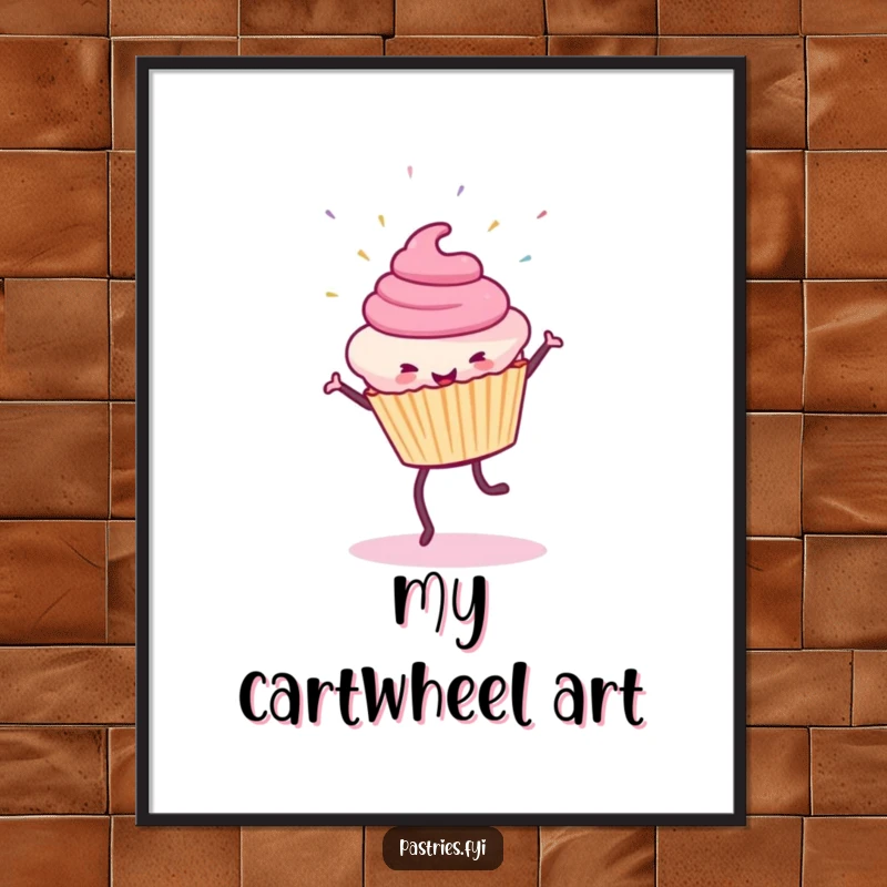 Funny Cupcake Digital Art: A printable artwork of a smiling cupcake doing a cartwheel amidst flying sprinkles.