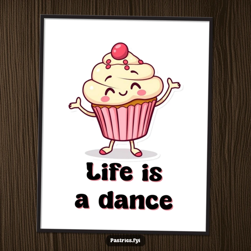 Funny Digital Art Print of a happy cupcake character doing a silly jig, adding a vibrant and humorous touch.