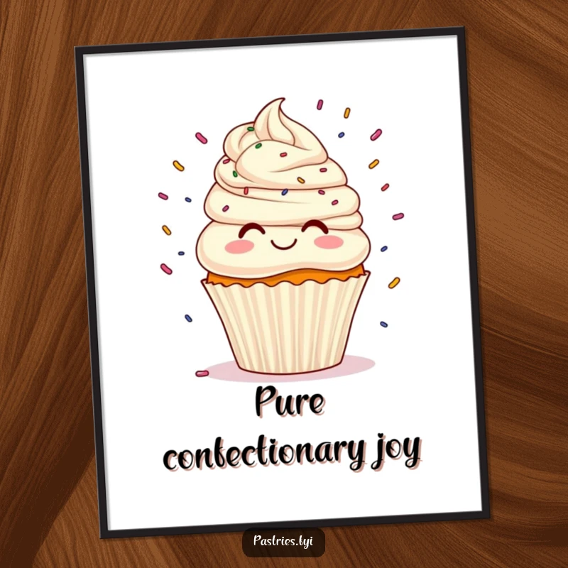 Funny cupcake character with frosted hair playfully juggling a vibrant array of sprinkles, a high-resolution digital download.