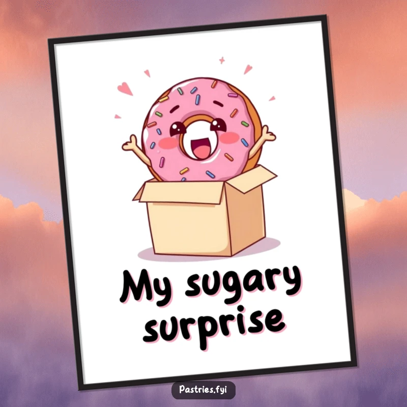 Funny digital art print of a cheerful donut character with sprinkles, excitedly bursting out of a box, radiating sweet fun.