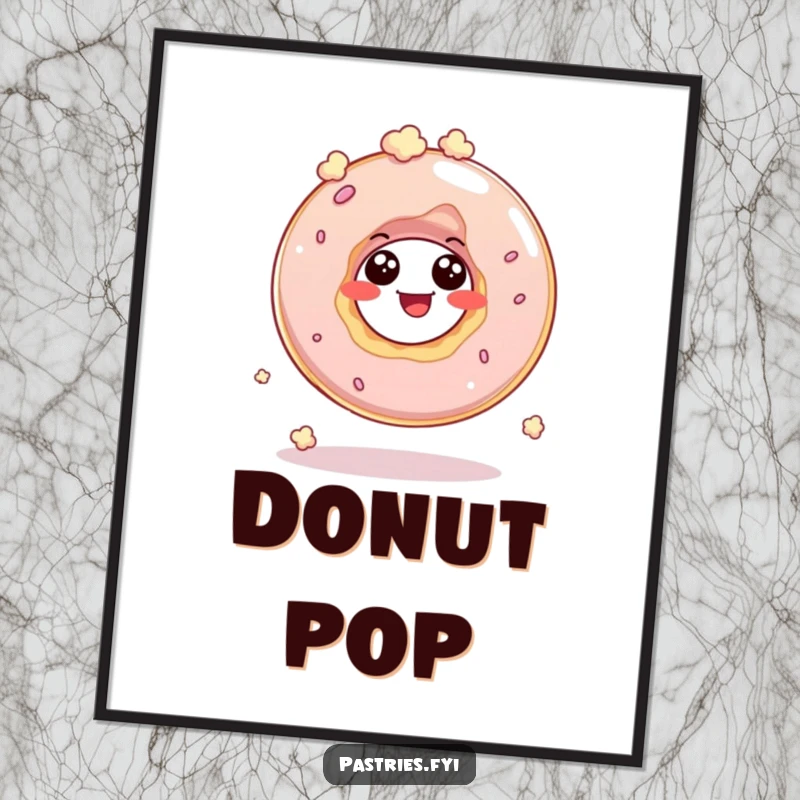 Funny digital art print of a giggling donut hole character bouncing energetically like popcorn, capturing a moment of pure, happy motion.