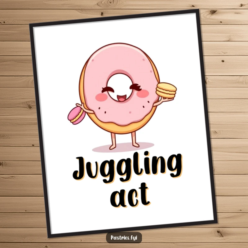 Funny Digital Art Print: A winking donut character skillfully juggling three tiny macarons, capturing a moment of playful skill and humor.