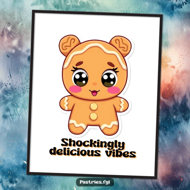 Funny gingerbread digital art print, a character with icing eyes wide in surprise, exuding shock, perfect for decor.
