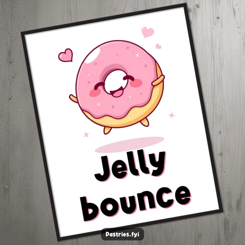 Funny Digital Art Print: A giggling jelly donut character happily bouncing like a ball, conveying pure joy and infectious happiness.
