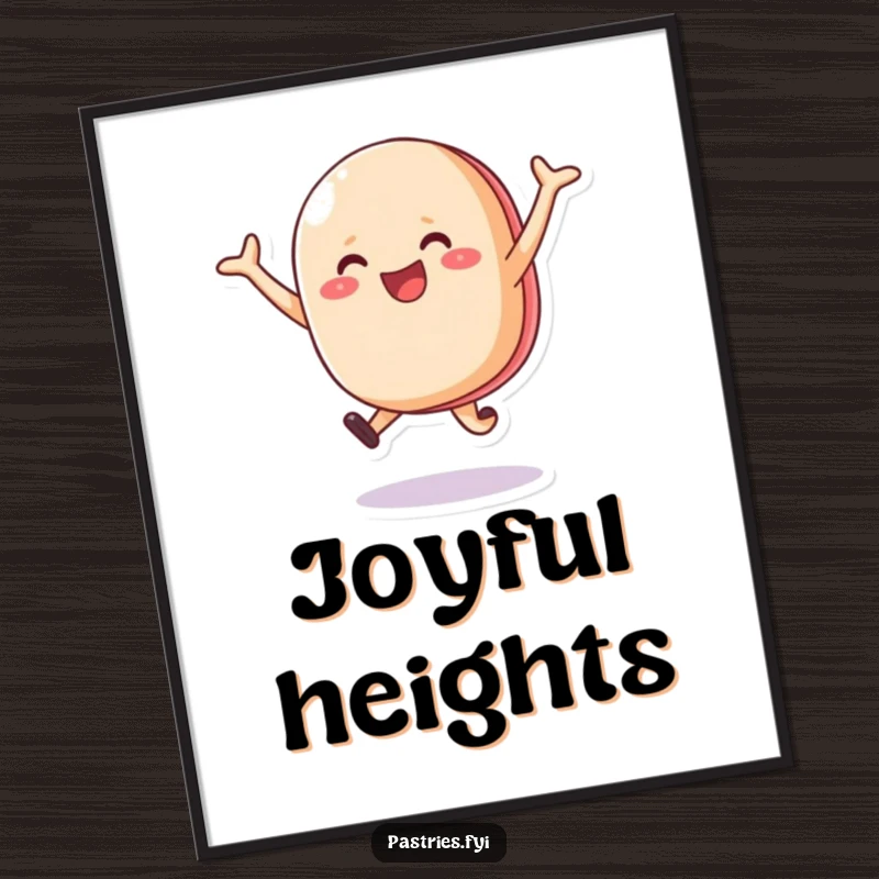 Funny happy macaron character leaping joyfully, available as a high-resolution digital art print for instant download.