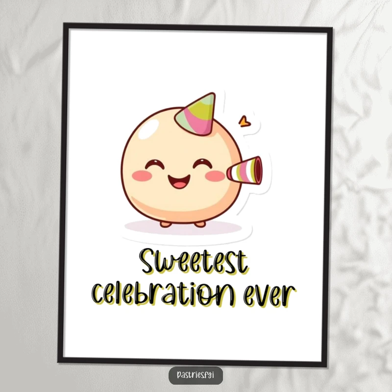 Funny Digital Art Print of a giggling macaroon character with a wide smile, blowing a tiny party horn.