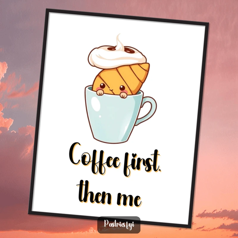 Funny shy croissant character peeking from behind a coffee cup, as a digital art print. Endearing and humorous wall art.