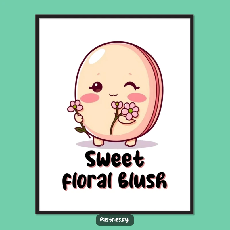 Funny Shy Macaron Digital Print: Blushing character w/ flower, instant funny art gift.