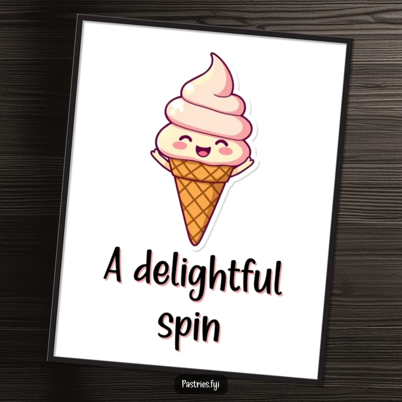 Funny digital art of a happy ice cream cone character spinning with its eyes closed, radiating pure, sweet bliss and joy.