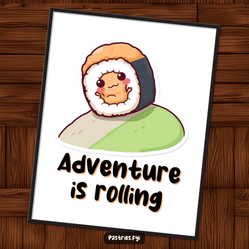 Funny sushi roll character playfully rolling down a hill, available as a high-resolution digital art print for instant download.