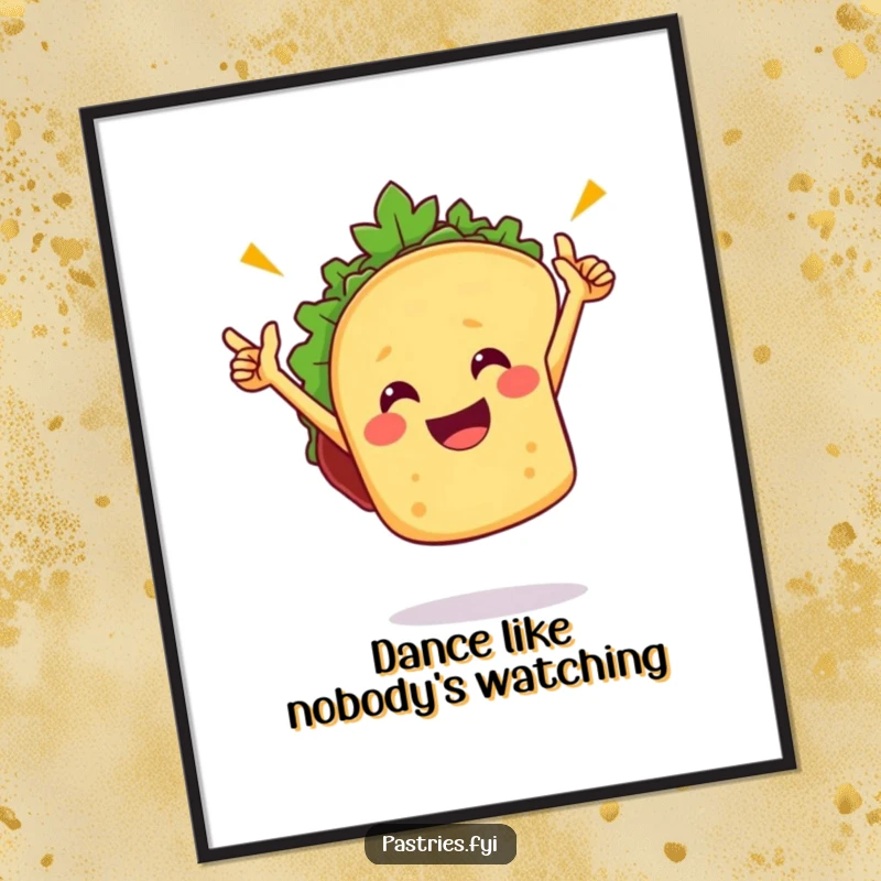 Funny taco digital art print showcasing a taco character dancing triumphantly, perfect for instant wall decor and bringing vibrant fiesta energy.