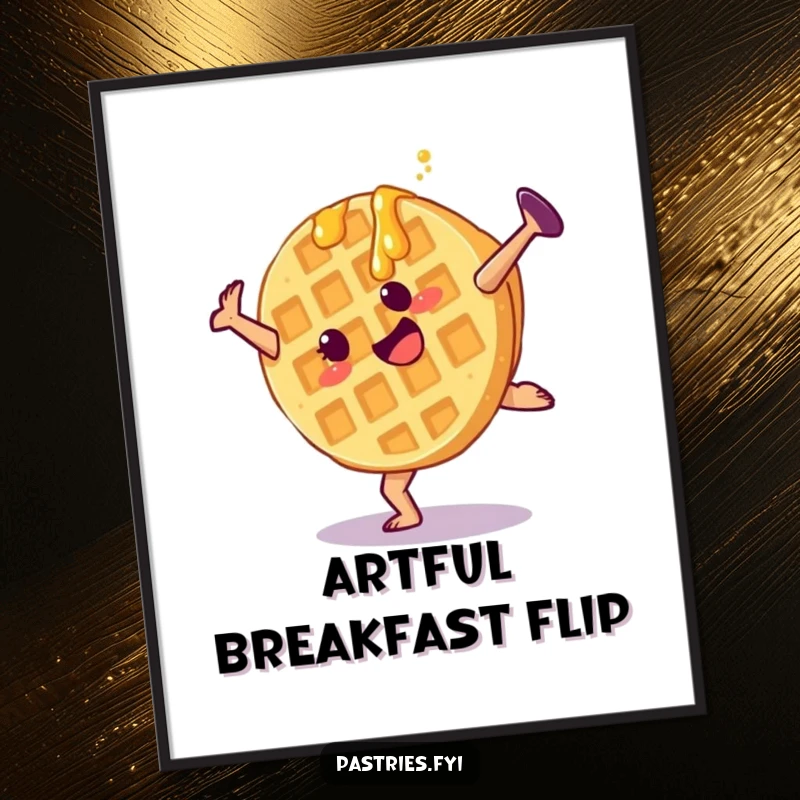 Funny waffle digital art print of a cartwheeling character with syrup, a lively and humorous breakfast illustration.