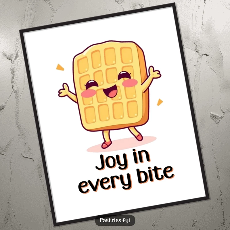 Funny digital art print of a delighted waffle character joyfully performing a happy little dance, perfect for instant decor.