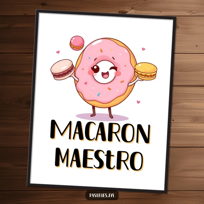 Funny digital art print of a winking donut character juggling three colorful macarons, capturing a moment of playful sweetness and skill.