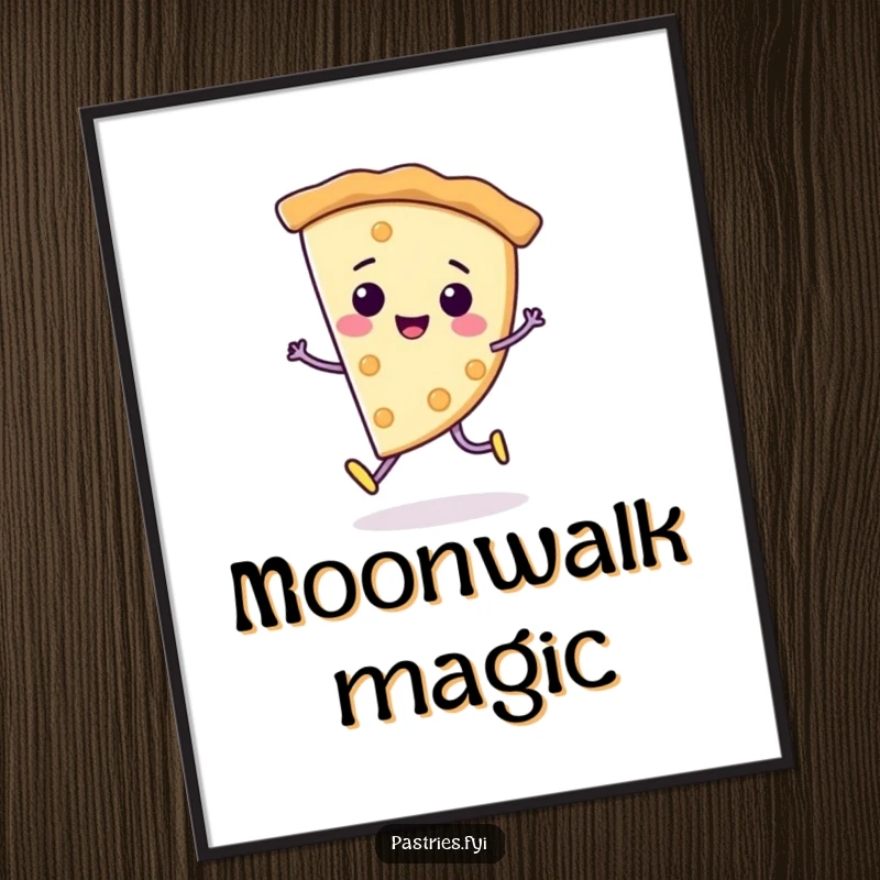 Funny Digital Art Print: A cheerful pie slice character captured mid-moonwalk, exuding retro charm and playful energy.