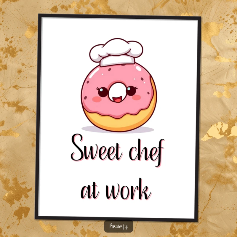 Funny donut character wearing a chef hat, a downloadable digital art print for instant sweet humor and kitchen decor.