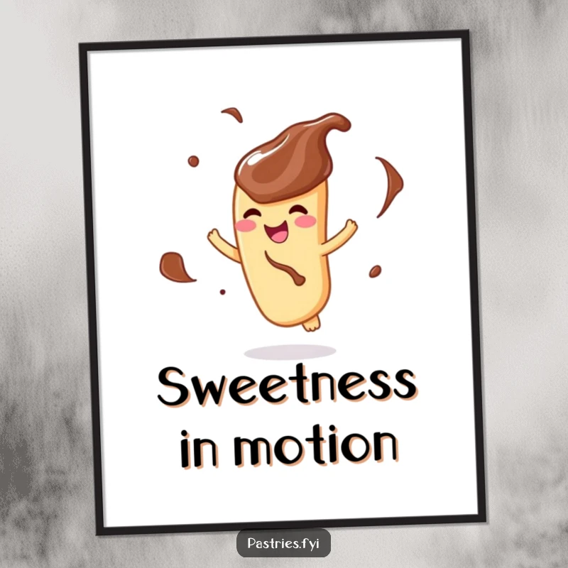 Funny digital art print of a delighted churro character, covered in chocolate dip, joyfully twirling mid-air.