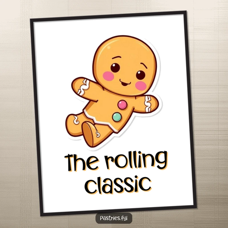 Funny digital art print of a gingerbread man character with frosting buttons, tumbling forward in a cheerful holiday design.