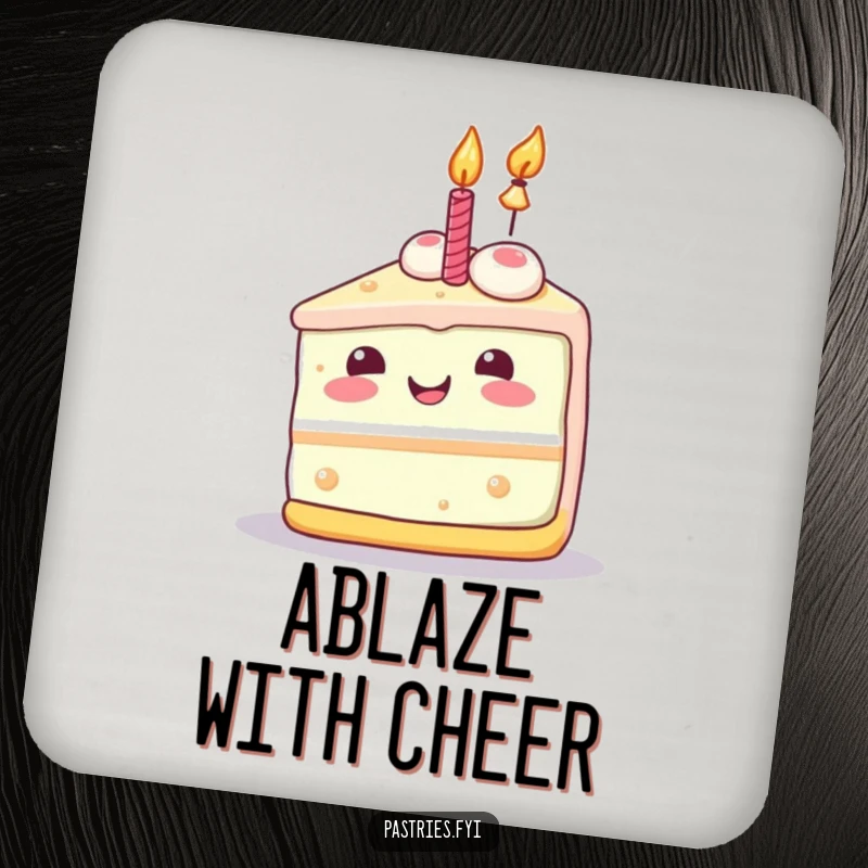 Funny cake slice drink coaster with a joyful Kawaii character and lit candle, adding festive cheer.