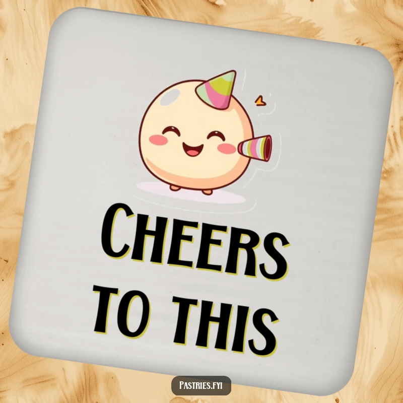 Funny Drink Coaster featuring a giggling macaroon with a wide grin, blowing a small party horn.
