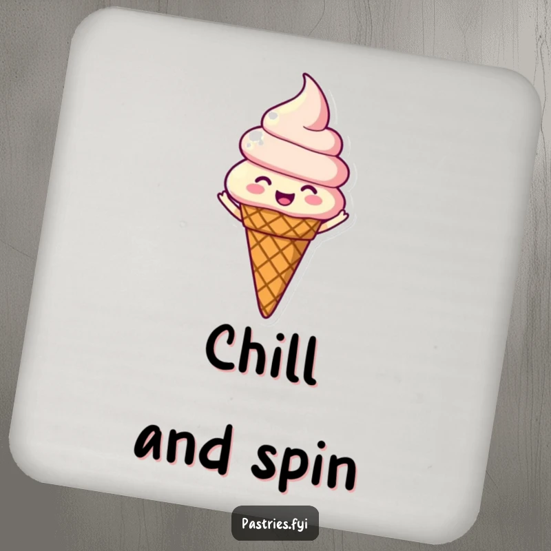 Funny drink coaster featuring a happy ice cream cone character spinning joyfully with a look of pure, sweet happiness.