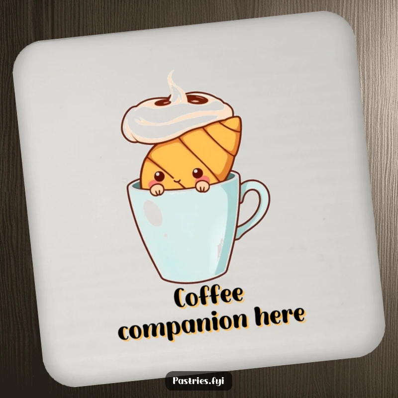 Funny shy croissant character peeking from behind a coffee cup, printed on a drink coaster. A subtle and sweet item.