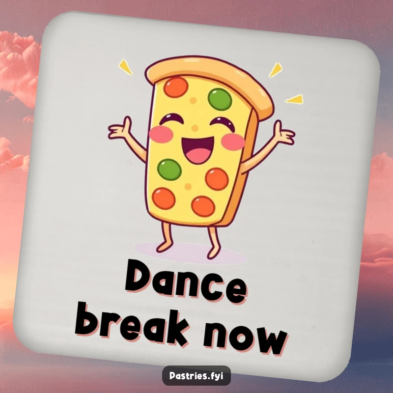 Funny pizza slice drink coaster with a dancing Kawaii character, adding humor to your tabletop.